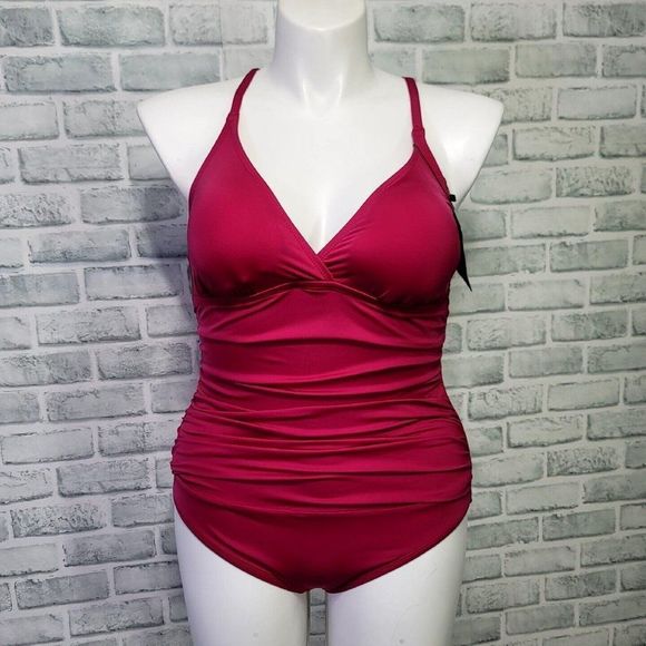 Hilor Womens 14 Shirred‎ Halter One Piece Swimsuit Macrame Back Tummy Control - Picture 1 of 12
